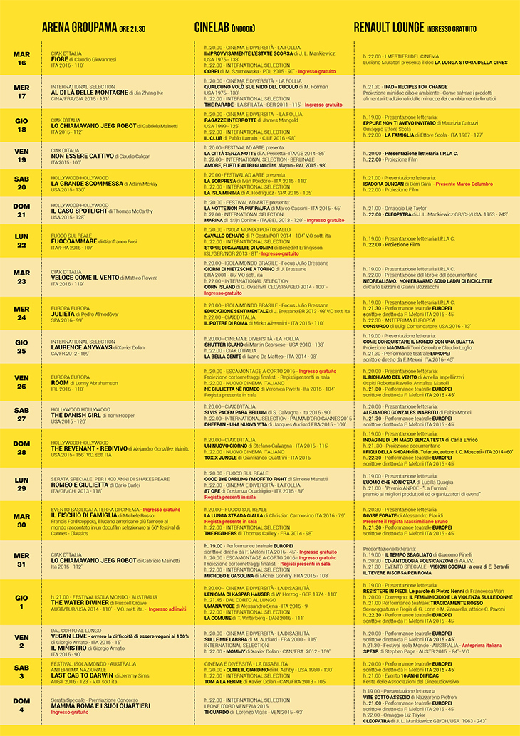 Programma Isola del Cinema Agosto - Settembre 2016